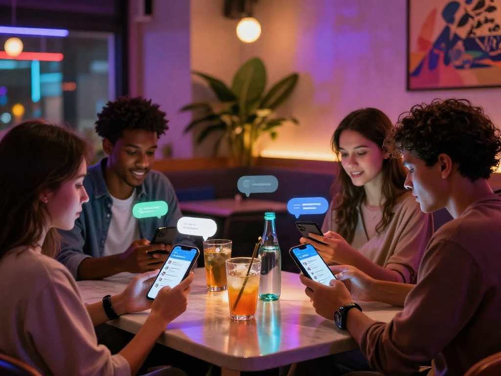 Social interaction with ai chat nsfw on smartphones in vibrant nightlife lounge