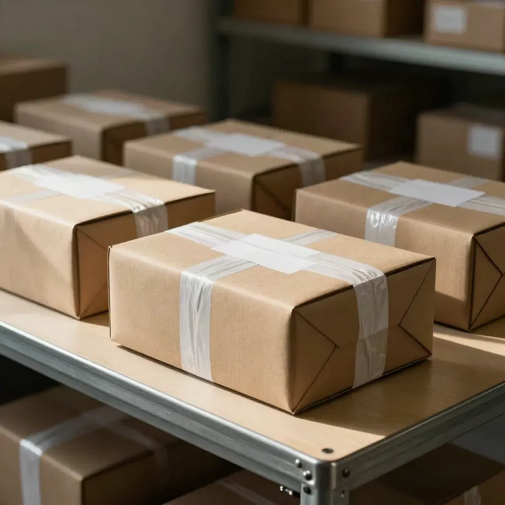 Kraft parcel boxes and tissue wrap on a packing bench, lit from upper left.