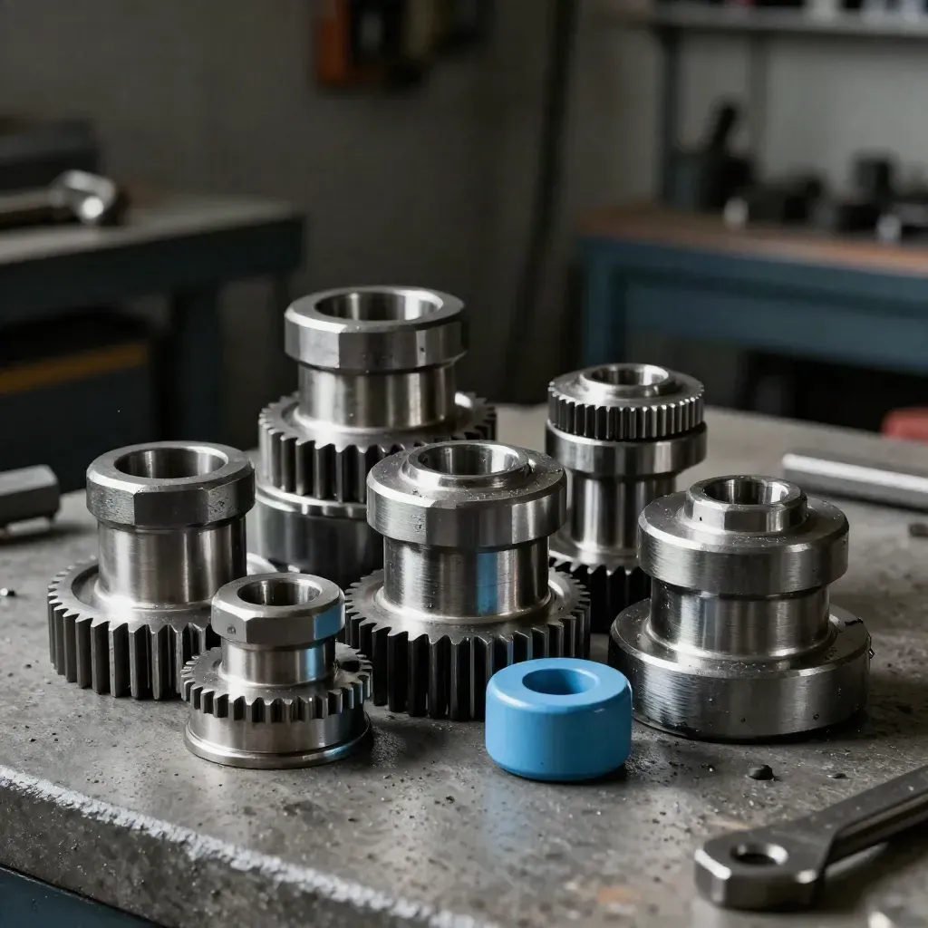 Steel couplings, standoffs, and a gear blank on a concrete bench with a muted blue accent.