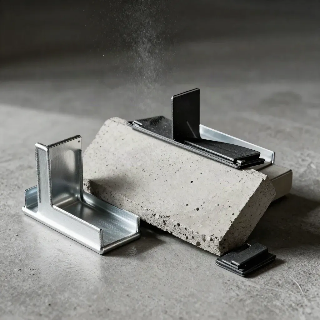 Aluminium brackets, concrete core sample, and fixing clips on a concrete surface in soft daylight.
