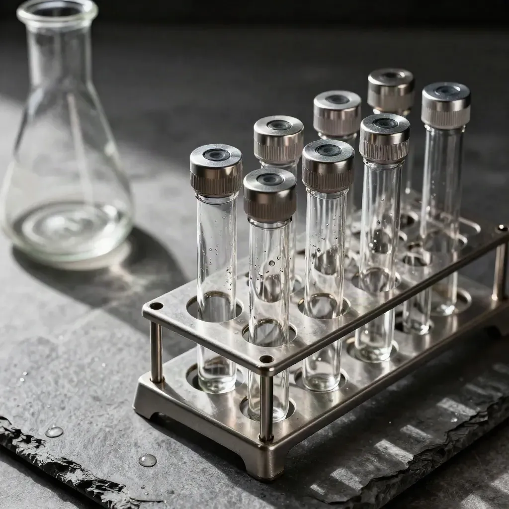 Borosilicate flasks, capped vials and a stainless microtube rack on cool stone.