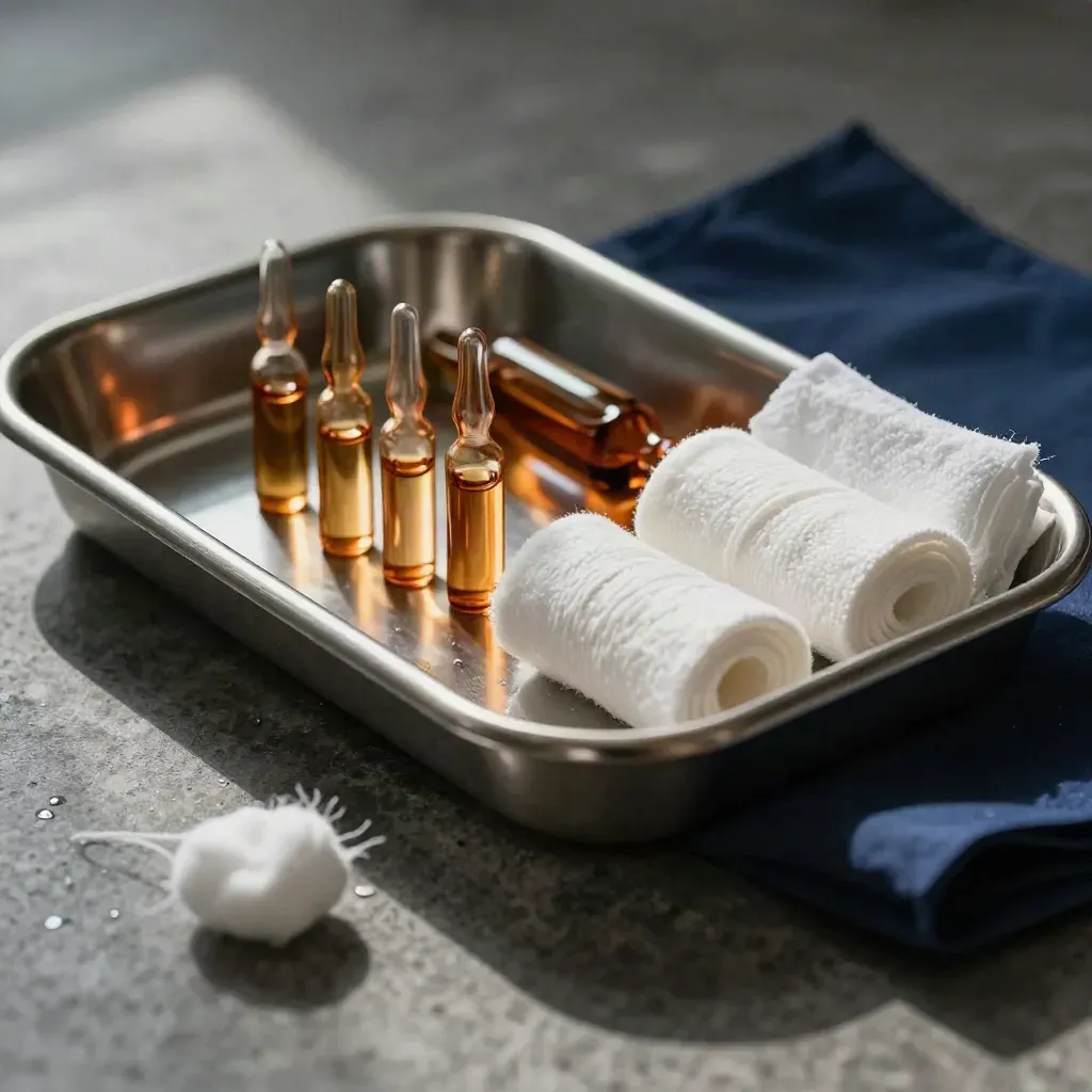 Stainless tray, ampoules, and cotton rolls in a clinical prep macro still life.