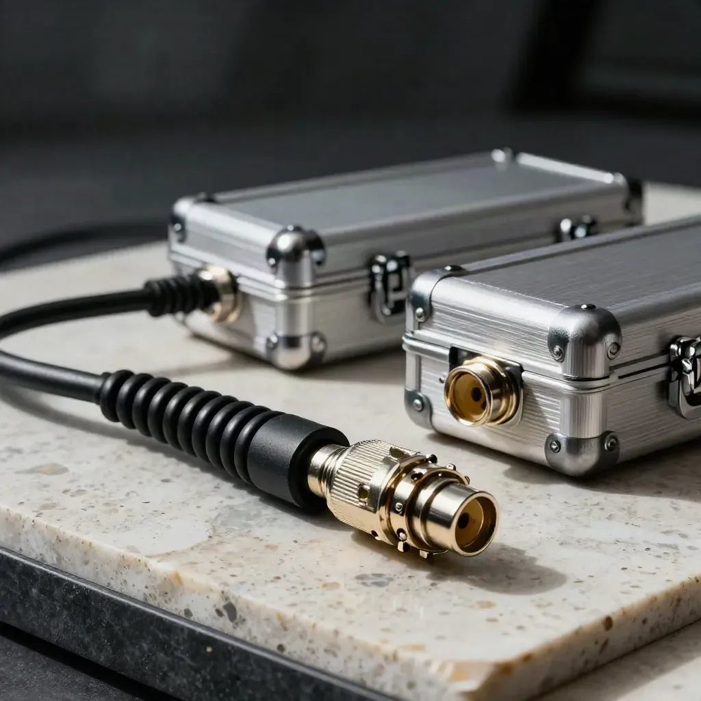 Broadcast connectors, coiled cable, and cassette cases on travertine in dramatic studio light.