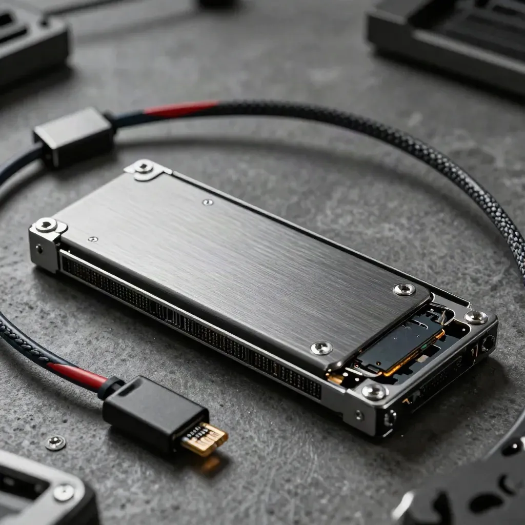 Top-down macro of an open NVMe SSD caddy with spare sled and braided patch leads on graphite stone.