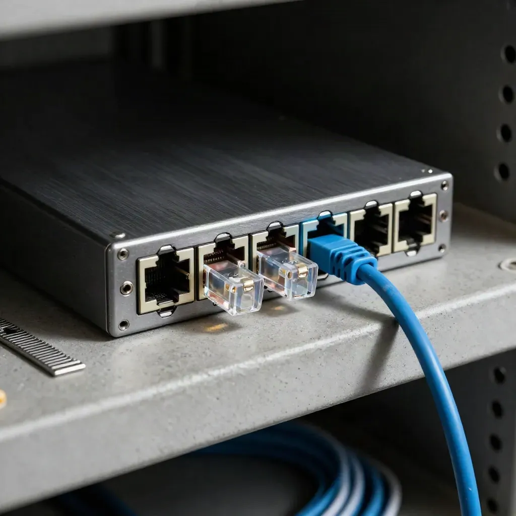 Top-down macro of an ethernet patch panel with two RJ45 plugs and spare jumpers.
