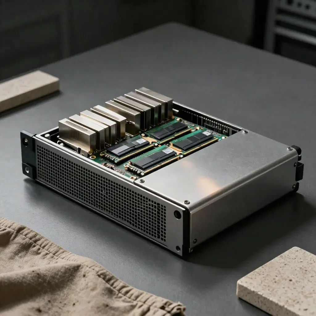 Open 1U server chassis with heatsinks and memory sticks on a dim maintenance bench