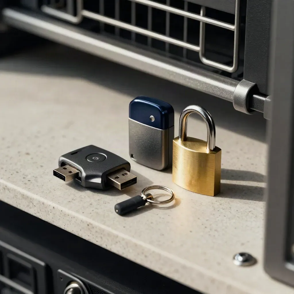 Hardware security key, USB token and brass padlock on stone with soft side light.