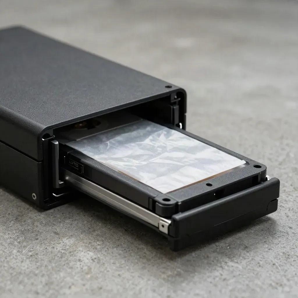 Macro of two LTO backup cartridges and an anti-static sleeve on a graphite surface.