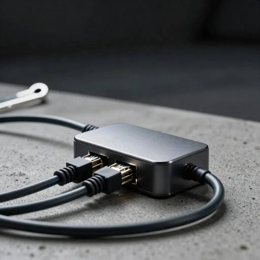 Uptime monitoring relay, sensor puck and patch leads on concrete in dramatic studio light