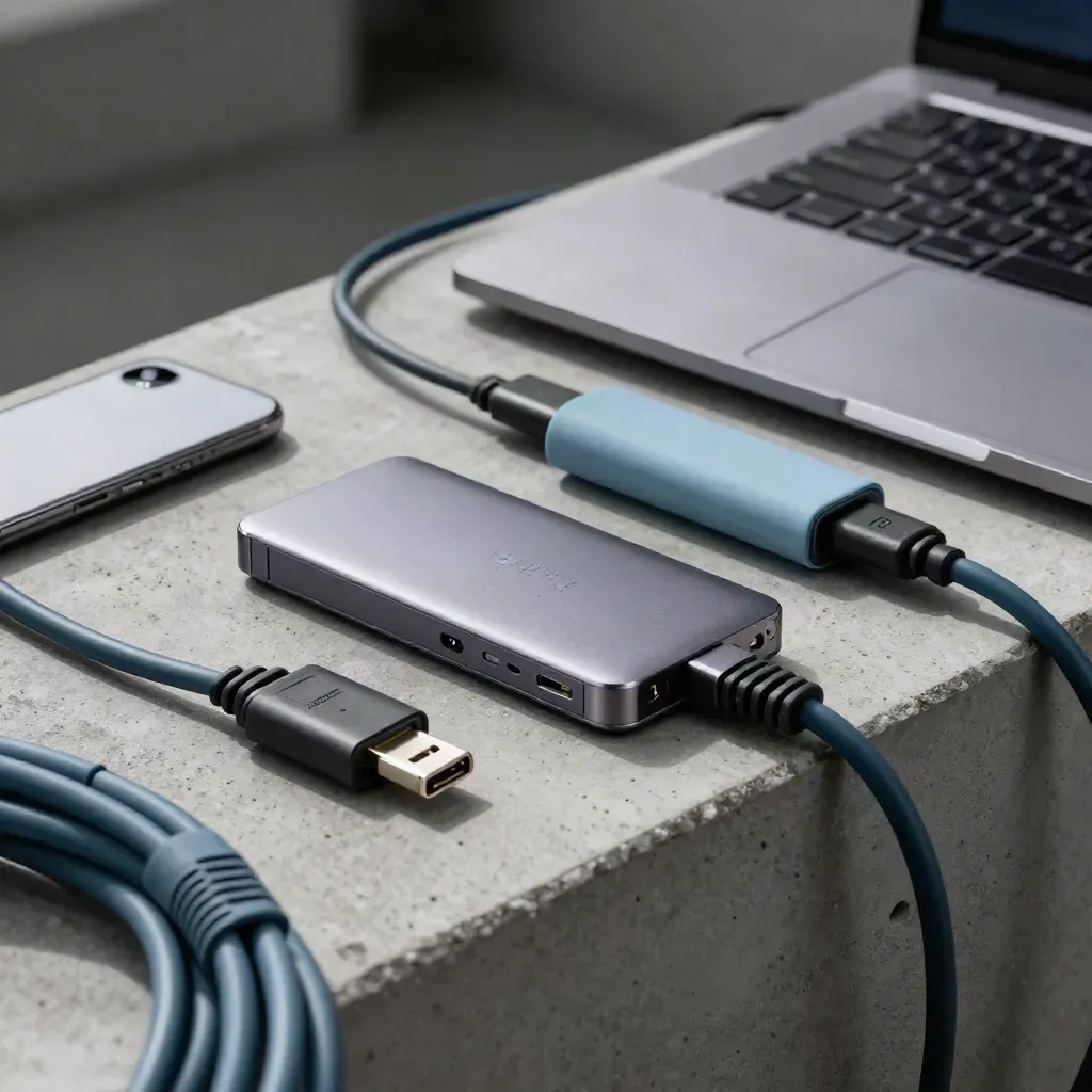 Closed ultrabook, SSD, USB-C hub and cable wrap on a concrete bench, seen through cable coil.