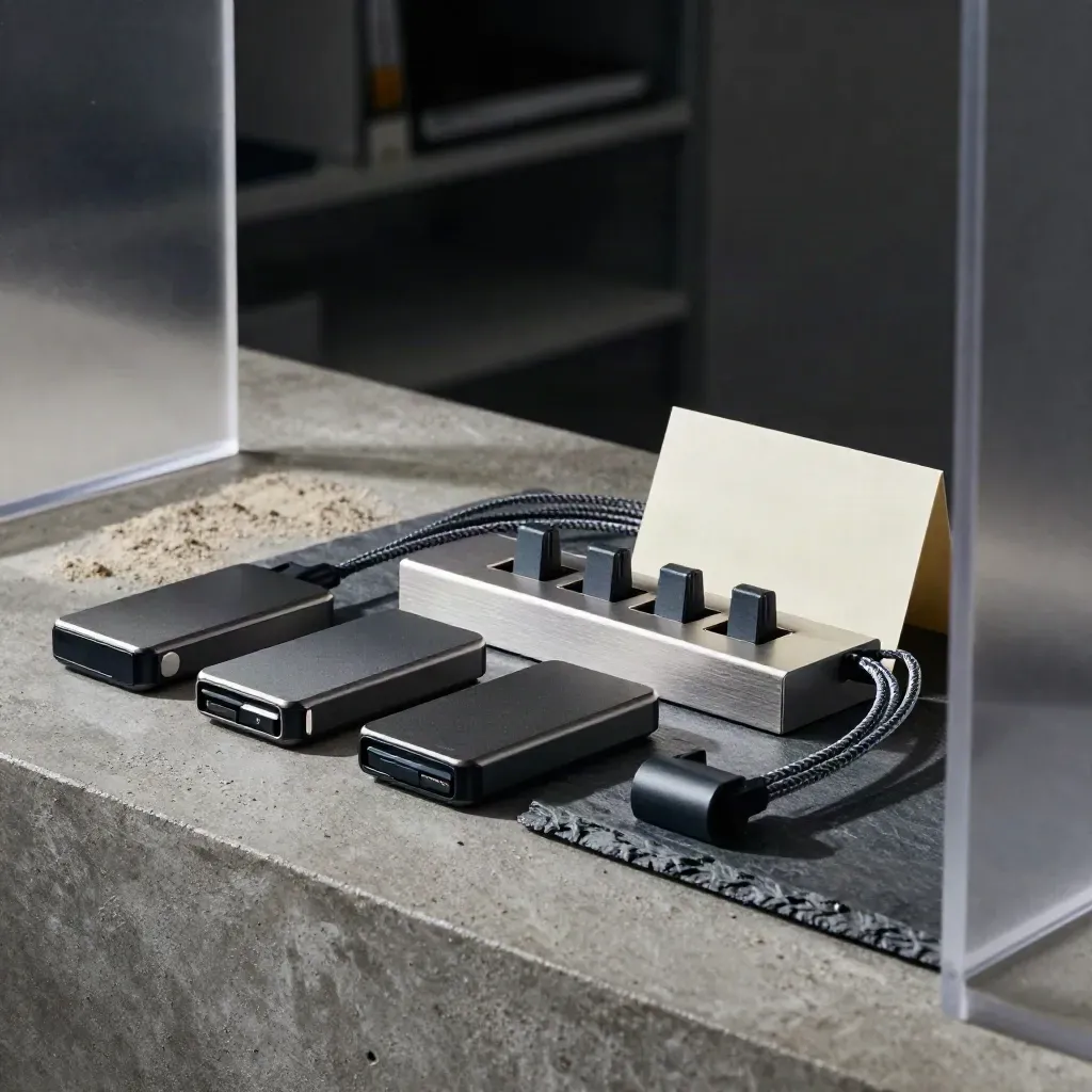 External drives, dock block, and cable organiser on a slate concrete bench under hard studio light.