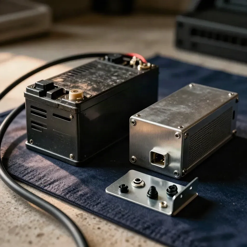 Top-down service kit with UPS battery cartridge, spare PSU, and rack ear brackets.