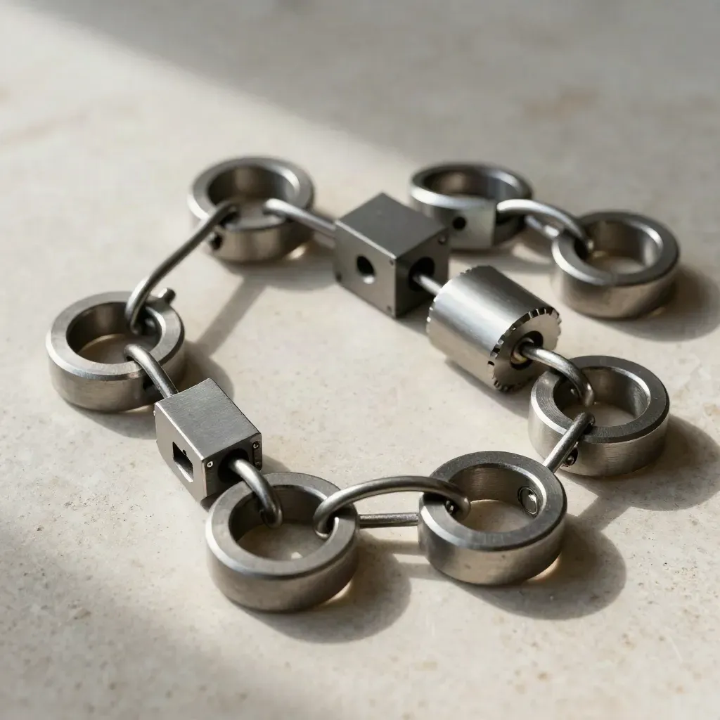 Linked aluminium rings and connector blocks on pale stone in soft daylight.