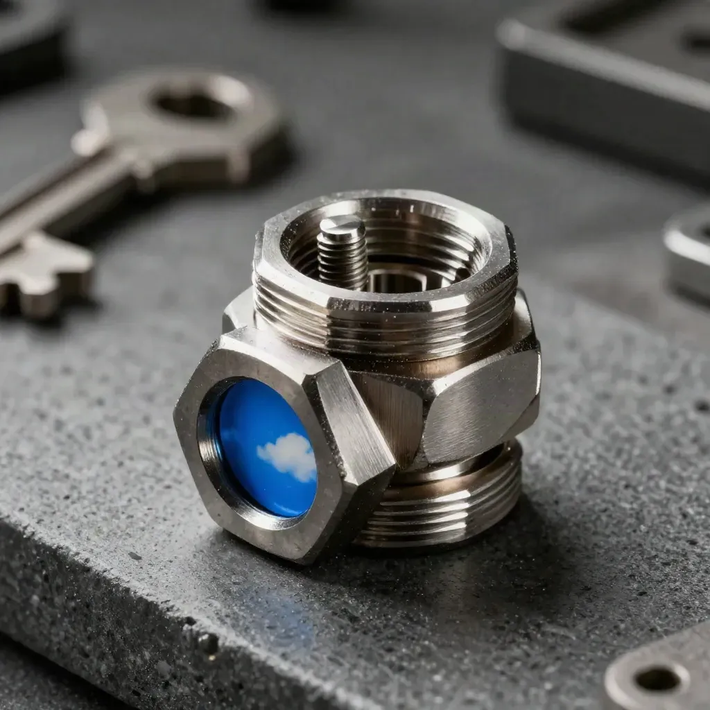 Macro metal coupler and precision pins on stone, lit in hard light with a cloud-blue accent.