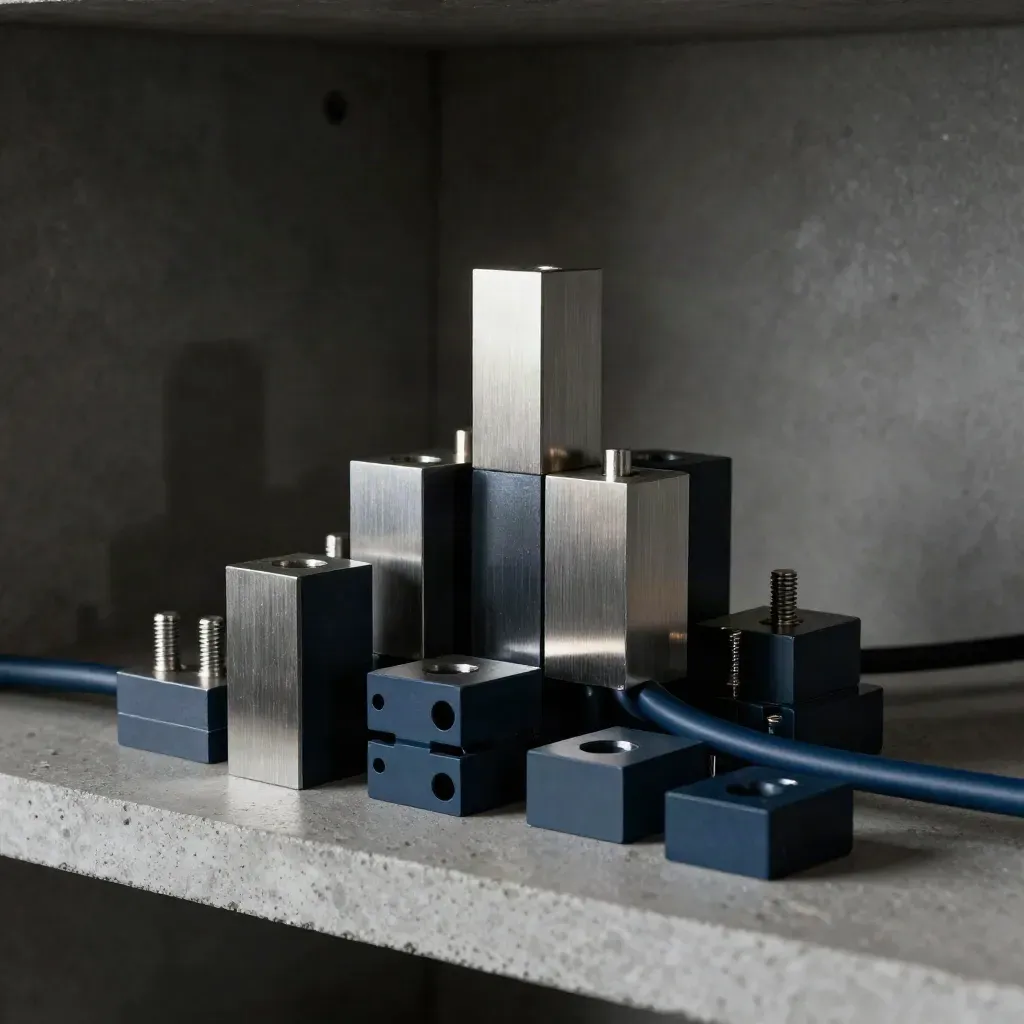 Spacer blocks, alignment pins and a navy patch lead in a premium still life.