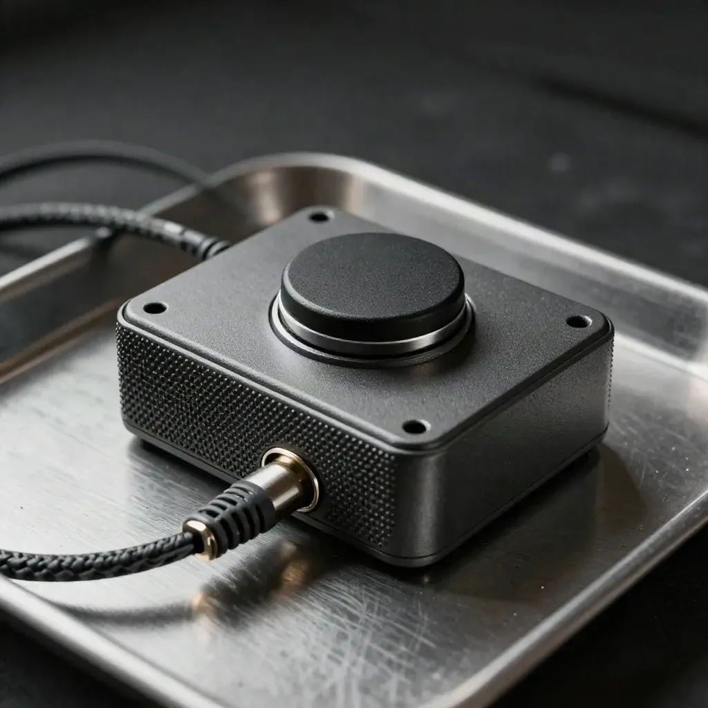 Graphite monitoring relay, sensor puck, and braided patch cable on brushed steel