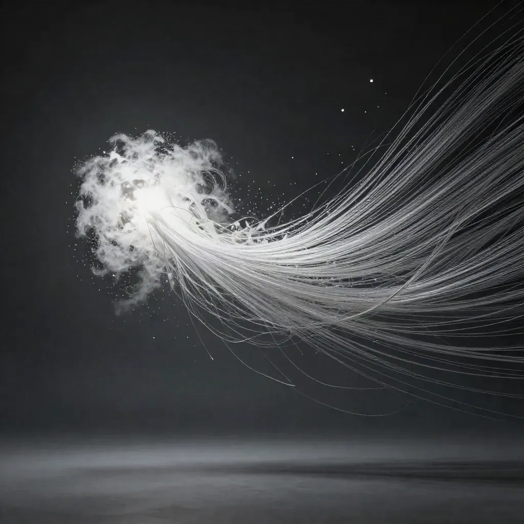 Silver filaments converge into a white bloom in dark graphite haze.